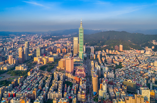 Aerial view of Financial district in Taipei at sunset color, Taiwan