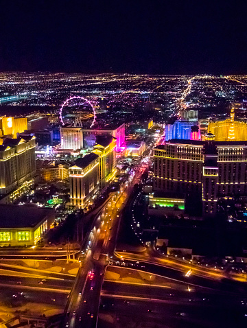 Las Vegas. USA. 09.17.2022. Wonderful colorful landscape view of Las Vegas Strip on dark night sky background.