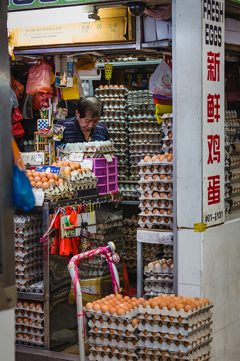 Little India, Singapore - December 25, 2015: One stall selling fresh eggs at the Tekka Centre in Little India, Singapore.
