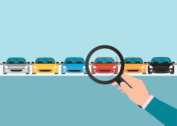 Magnifying glass in human hand with car. Magnifying glass in human hand with car, conceptual of choice flat style vector illustration. car sales stock illustrations