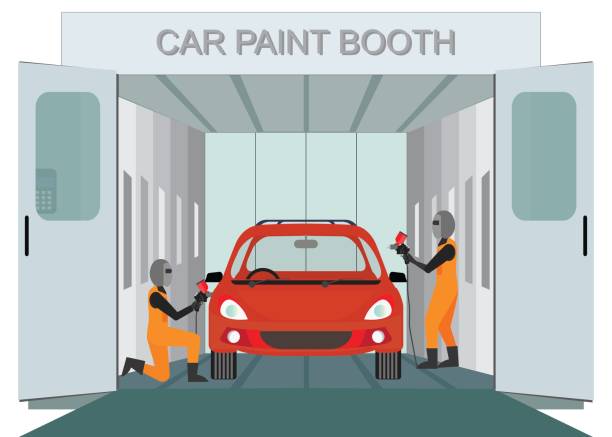 illustrazioni stock, clip art, cartoni animati e icone di tendenza di operaio meccanico che dipinge auto nuova presso la cabina di verniciatura dell'auto. - painting booth