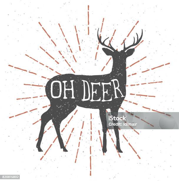 Hand Drawn Deer With Vintage Sunburst And Lettering Oh Deer Stock Illustration - Download Image Now