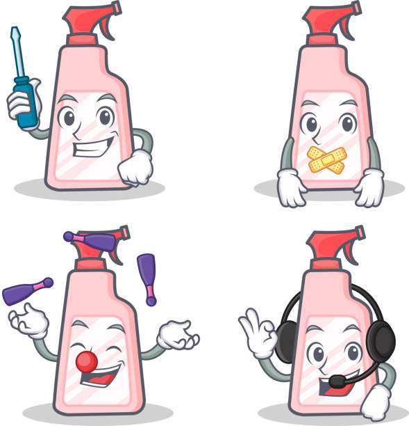 ilustrações de stock, clip art, desenhos animados e ícones de set of cleaner character with automotive silent juggling headphone vector illustration - domestic car audio