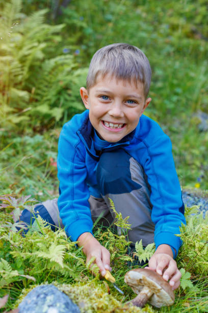 istock Boy with wild mushroom found in the forest 820829242