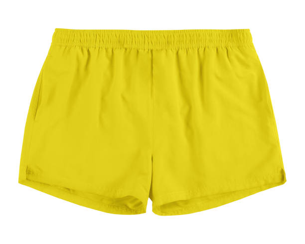 calções de praia de esporte de natação amarelo homens troncos isolados no branco - swimming shorts shorts swimming trunks clothing - fotografias e filmes do acervo