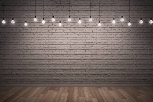 istock White rough brick wall & Wooden floor with lighting. : 3D illustration 820836204