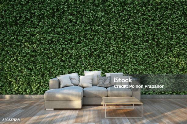 Sofa On Wood Deck In The Garden Stock Photo - Download Image Now - Yard - Grounds, Patio, Furniture