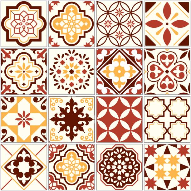 illustrations, cliparts, dessins animés et icônes de portugais vector carreaux, motif art lisbonne, méditerranéen ornement sans soudure en marron et jaune - spanish tiles