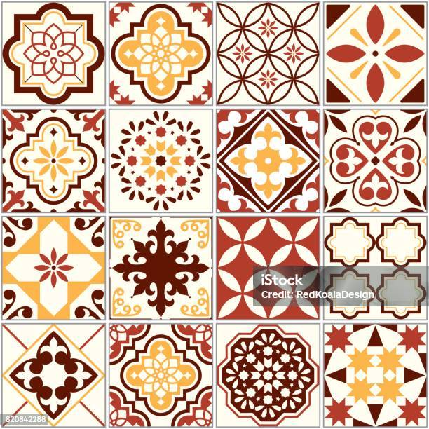 Portuguese Vector Tiles Lisbon Art Pattern Mediterranean Seamless Ornament In Brown And Yellow Stock Illustration - Download Image Now