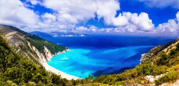 Photo of One of the most beautiful beaches of Greece- Myrtos bay in Kefalonia, Ionian islands