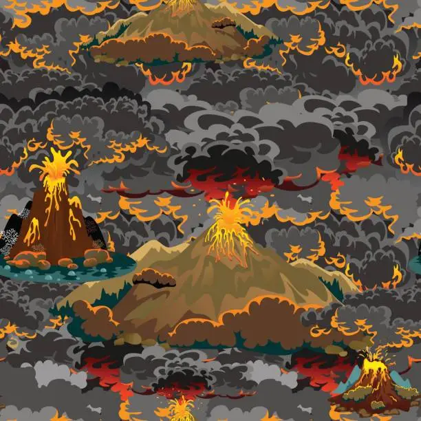 Vector illustration of A set of volcanoes of varying degrees of eruption, a sleeping or awakening dangerous vulcan, salute from magma ashes and smoke fly out from volcano, lava flowing down the mountain vector illustration