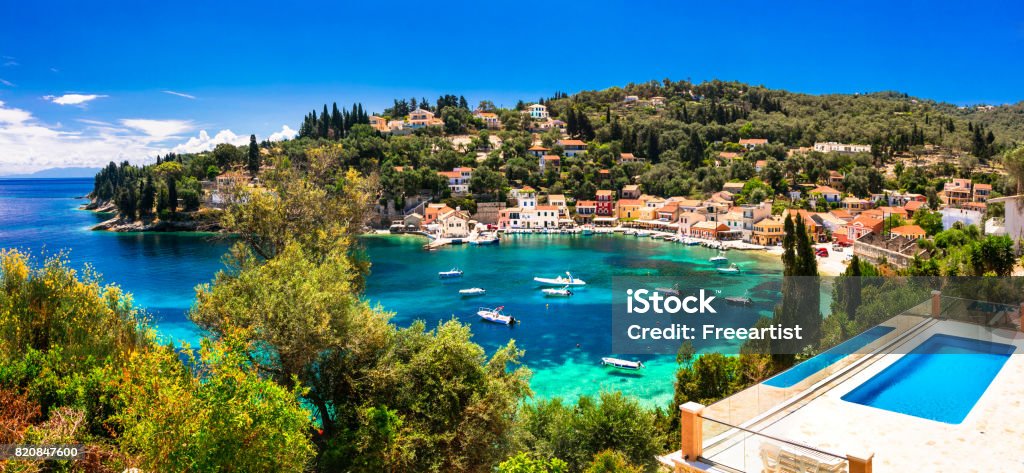 summer holiday in Greece - picturesque Loggos village in Paxos island tranquill vacations in small beautiful Greek islands. Paxos (Ionian islands) Paxos Stock Photo