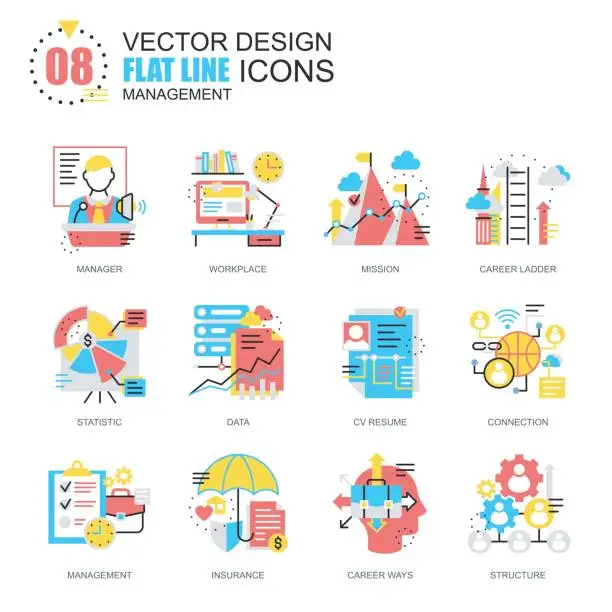 Vector illustration of Flat line management icons concepts set