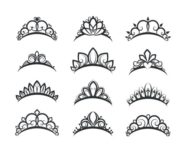 Beautiful queen tiaras set Vector tiara set. Beautiful queen tiaras or princess crown silhouettes for wedding cards and vignettes tiara stock illustrations