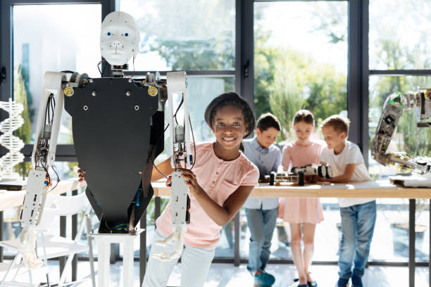 istock Pleasant girl looking out from behind a human robot 820858146