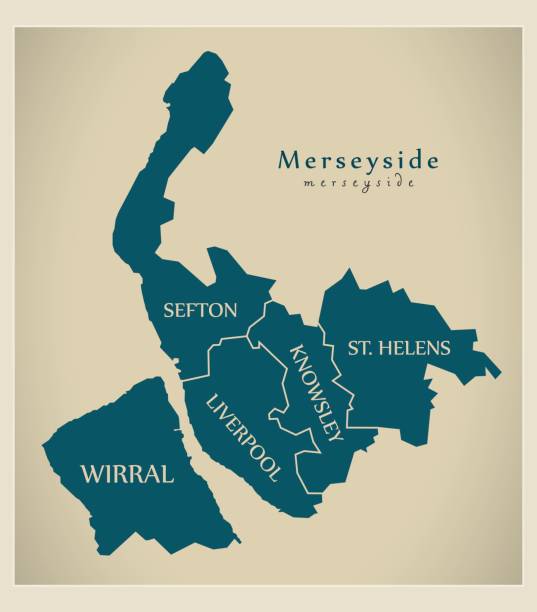 ilustraciones, imágenes clip art, dibujos animados e iconos de stock de mapa moderno - condado metropolitano de merseyside con districtos de inglaterra reino unido - merseyside