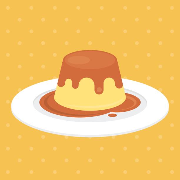 pudding or custard with caramel in plate illustration vector pudding or custard with caramel in plate illustration vector, flat design dessert stock illustrations