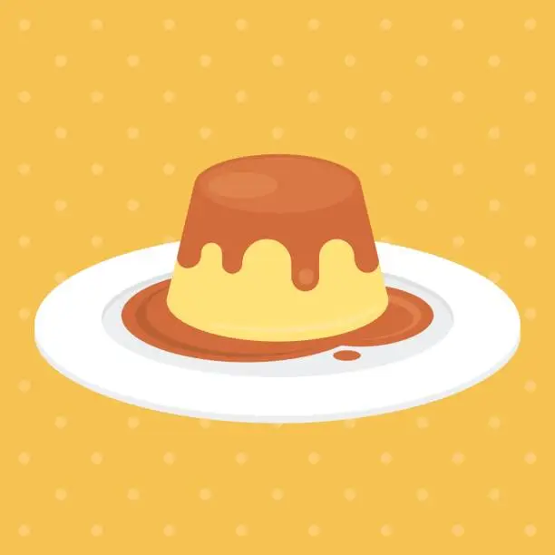 Vector illustration of pudding or custard with caramel in plate illustration vector