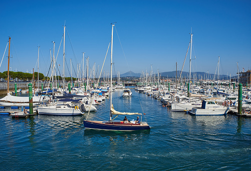 Hondarribia, Spain - July 16, 2017. Yachts moored in Marina port, the leisure harbour of Hondarribia (Fuenterrabia), in Gipuzkoa, Basque country, Spain.\
