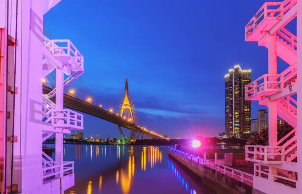 istock Bhumibol  bridge 1 so called Industrial Ring Bridge crossing The Chao Phraya River with reflection , Bangkok, Thailand  ( Foreign text saying Bhumibol  bridge 1 ) 820860770