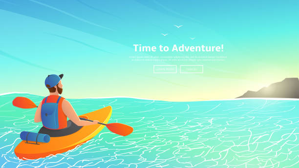 illustrazioni stock, clip art, cartoni animati e icone di tendenza di uomo che pagaia kayak in mare - kayak