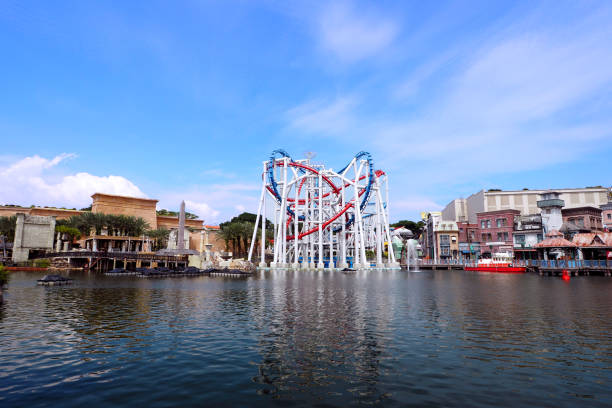 Sentosa, Singapore - JUNE 18 2015: Landscape of Roller coaster loops red and blue line at Universal Studios Singapore.