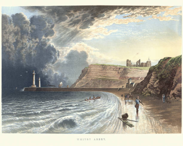 Whitby Abbey, North Yorkshire, 19th Century Vintage engraving of Whitby Abbey a ruined Benedictine abbey overlooking the North Sea on the East Cliff above Whitby in North Yorkshire, England. , 19th Century Abbey stock illustrations
