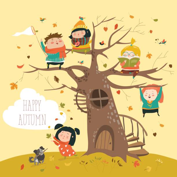 ilustrações de stock, clip art, desenhos animados e ícones de happy children sitting on tree in autumn park - humor book fun human age