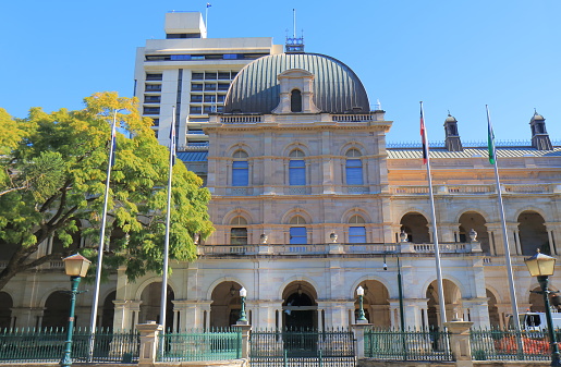 Rio de Janeiro, Brazil - June 8, 2023: Public Library facade. Low-angle of the facade of a white city building. The structure showcases unique architectural features.