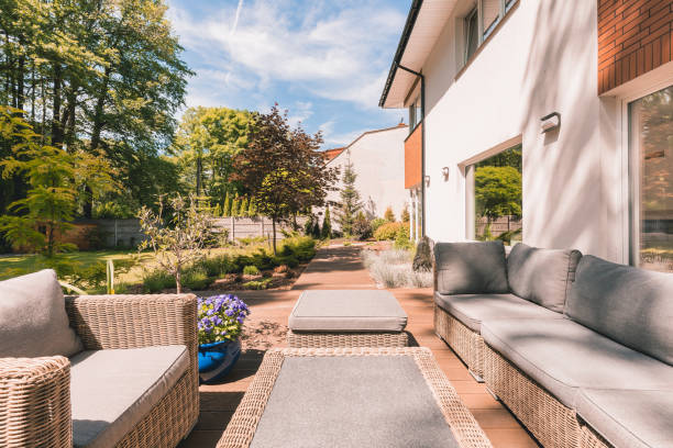 istock Sunny patio of modern house 820866684