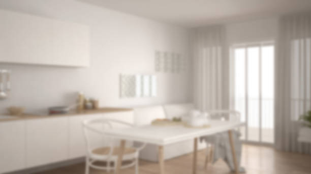 istock Blur background interior design, scandinavian kitchen with sofa and table, wooden parquet floor 820867990