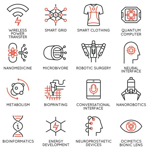 ilustraciones, imágenes clip art, dibujos animados e iconos de stock de conjunto de vector de 16 iconos lineales finos relacionadas con la innovación en tecnología y medicina. nuevos inventos para mejorar la vida humana. elementos de diseño de infografías y pictogramas de línea mono - bien vestido