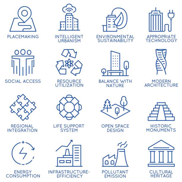 ilustrações de stock, clip art, desenhos animados e ícones de vector set of thin linear 16 icons related to technology for intelligent urbanism, smart city and urban development. mono line pictograms and infographics design elements - part 1 - city symbol