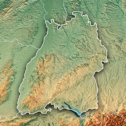 3D Render of a Topographic Map of the Federal State of Baden-Württemberg, Germany.