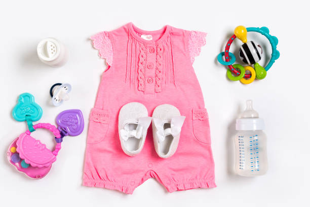 istock Baby clothes and accessories on white background. Top view 820873422
