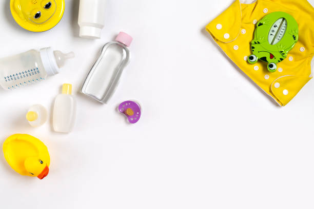 istock Cosmetics for newborns on a white background. Top view 820873594