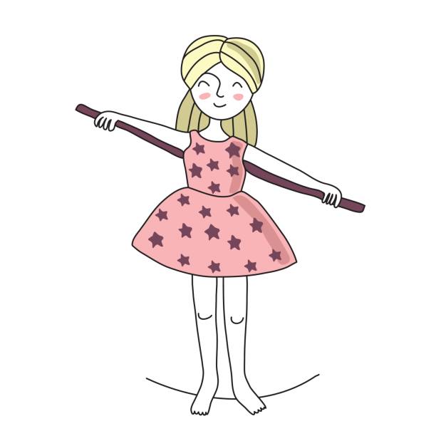 ilustrações, clipart, desenhos animados e ícones de menina equilibrista, caminhando sobre um fio com um poste, o artista de circo. ilustração em vetor, isolada no fundo branco. - tightrope walking circus skill