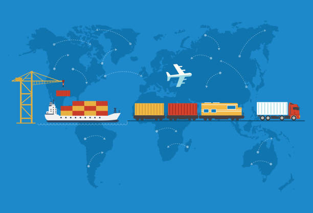 versand, lieferung auto, schiff, flugzeug - sea freight transportation transportation shipping stock-grafiken, -clipart, -cartoons und -symbole