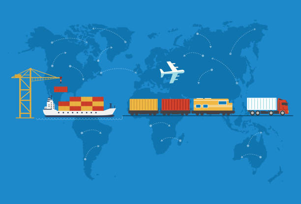 운송, 배달 차, 배, 비행기 - sea freight transportation transportation shipping stock illustrations