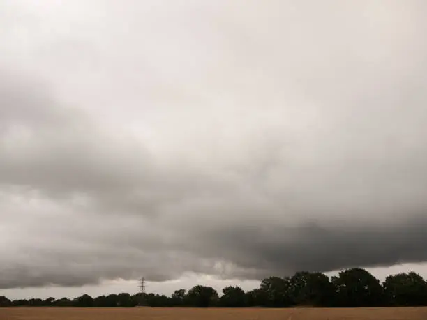 clouded white and grey dark moody sky over field of crop; Essex; UK