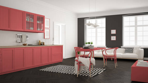 istock Minimalist modern kitchen with dining table and living room, white and red scandinavian interior design 820886172