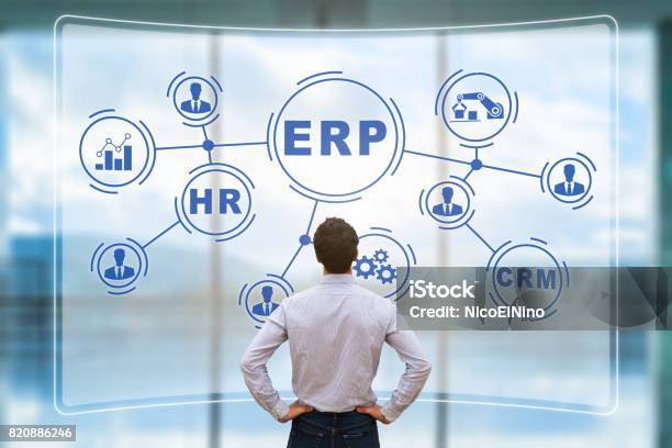 Manager Analyzing Erp On Ar Screen Connections Bi Hr Crm Stock Photo - Download Image Now