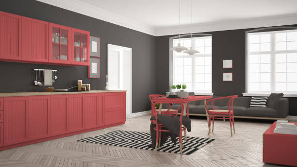 istock Minimalist modern kitchen with dining table and living room, white and red scandinavian interior design 820886292