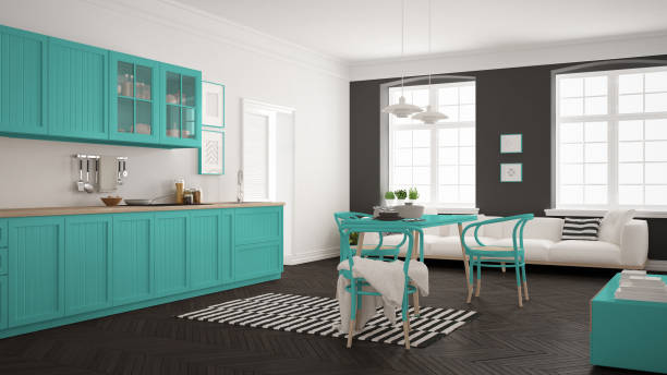 istock Minimalist modern kitchen with dining table and living room, white and turquoise scandinavian interior design 820887456