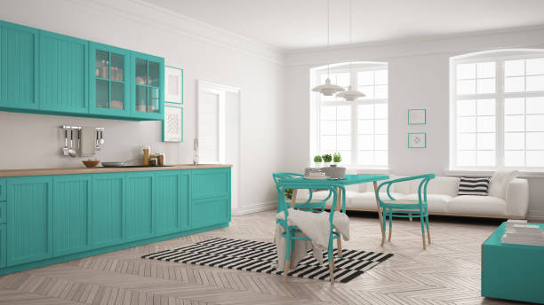 istock Minimalist modern kitchen with dining table and living room, white and turquoise scandinavian interior design 820888470