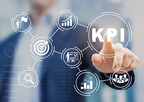 Key Performance Indicator (KPI) using Business Intelligence (BI) metrics to measure achievement versus planned target, person touching screen icon, success