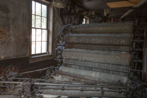 istock Vintage wool textile machinery in factory 820889202