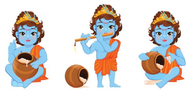 Happy Janmashtami Celebrating Birth Of Krishna Boy With Flute And A Pot  Traditional Indian Fest Vector Illustration On Abstract Background Set  Stock Illustration - Download Image Now - iStock