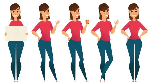 Vector illustration of Stylized character set. Smiling business woman holding blank sign, making greeting gesture, holding coffee, showing ok sign and standing with hands on hips. Businesswoman cartoon character. Vector