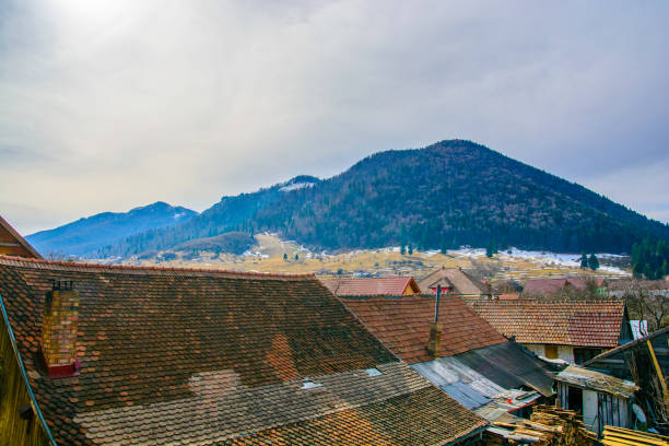 Zarnesti city landscape - color Zarnesti rooftops during wintertime zarnesti stock pictures, royalty-free photos & images